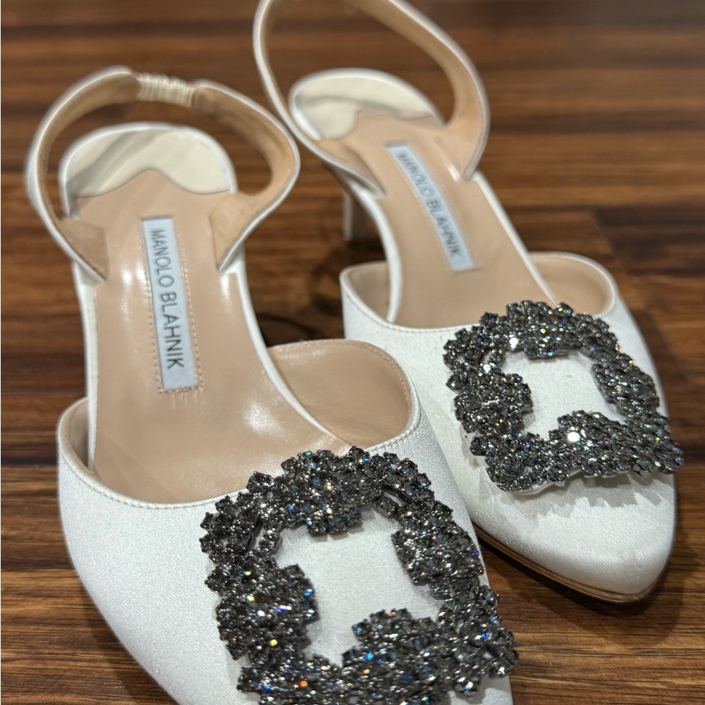 Manolo Blahnik Satin Heels Hangisli Crystal Slingback
